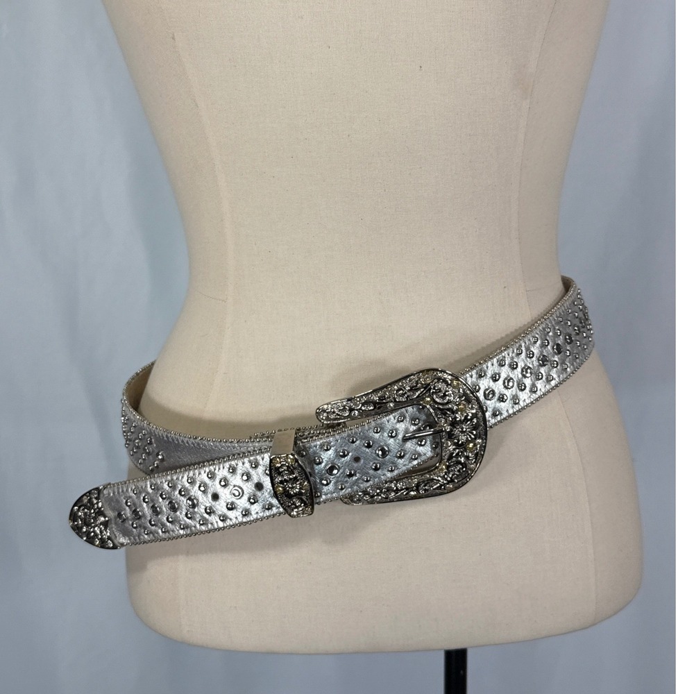 Y2K Cowgirl Silver Studded Rhinestone Western Belt Embossed Buckle Glam Bling